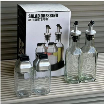 5 Piece Glass Oil Dispenser & Spice Jar Set with Anti-Dust Spout